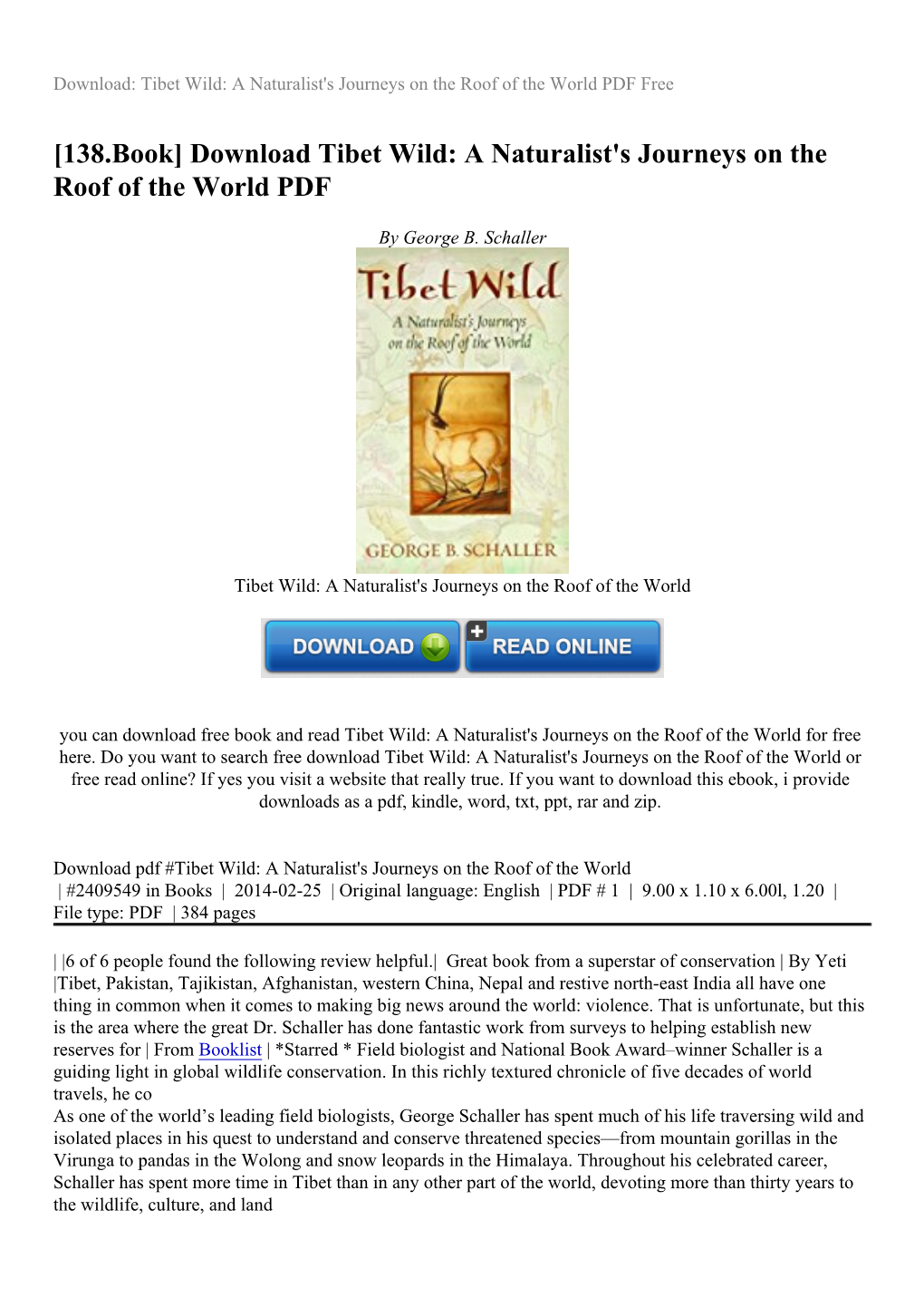 Download Tibet Wild: a Naturalist's Journeys on the Roof of the World PDF