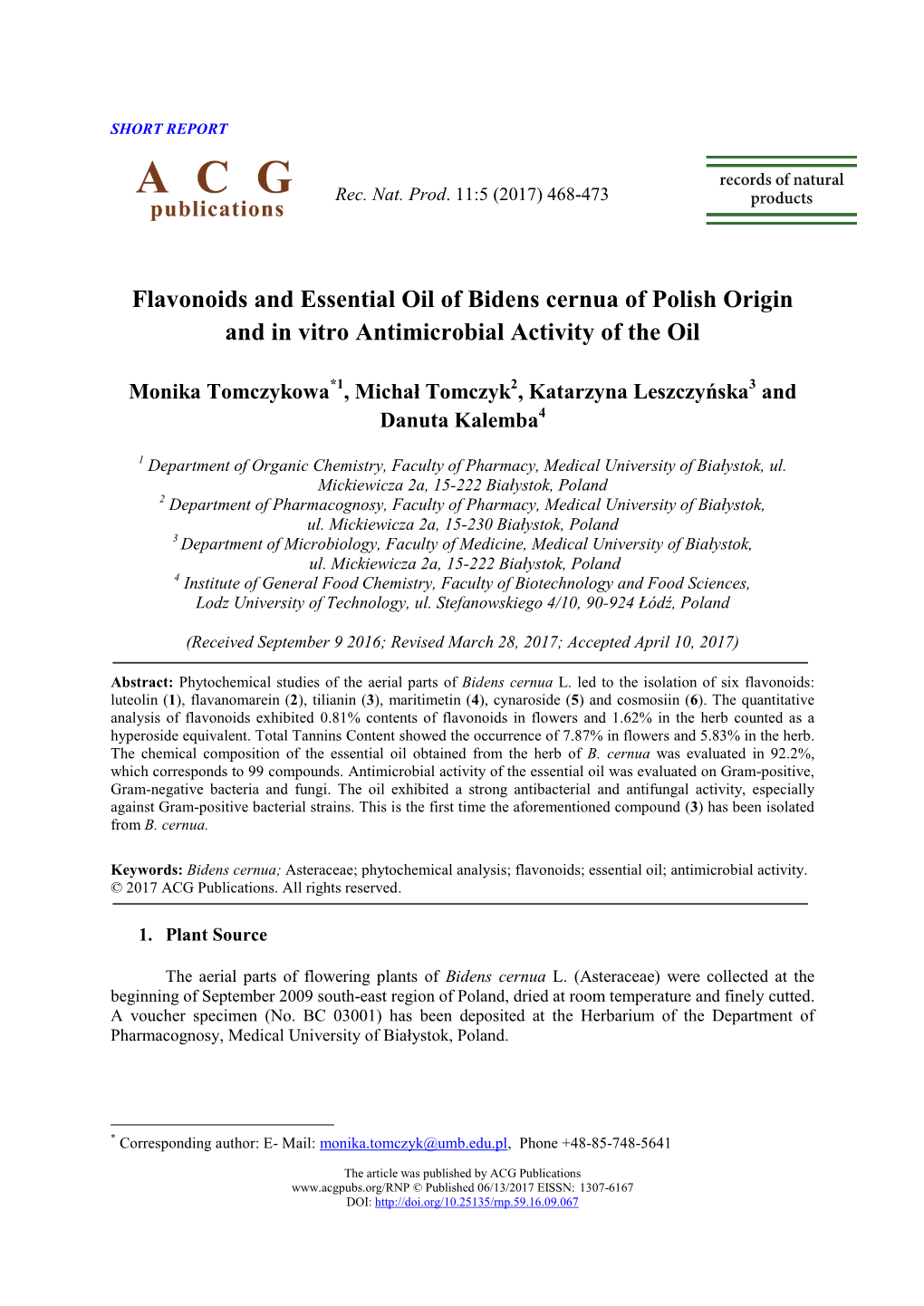 Flavonoids and Essential Oil of Bidens Cernua of Polish Origin and in Vitro Antimicrobial Activity of the Oil