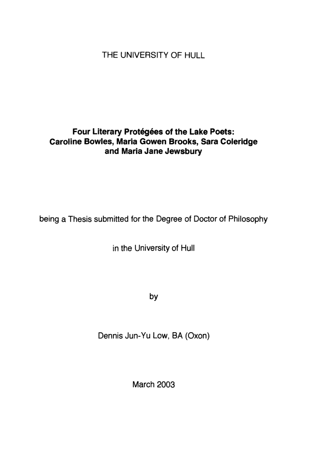 THE UNIVERSITY of HULL Four Literary Protegees of the Lake