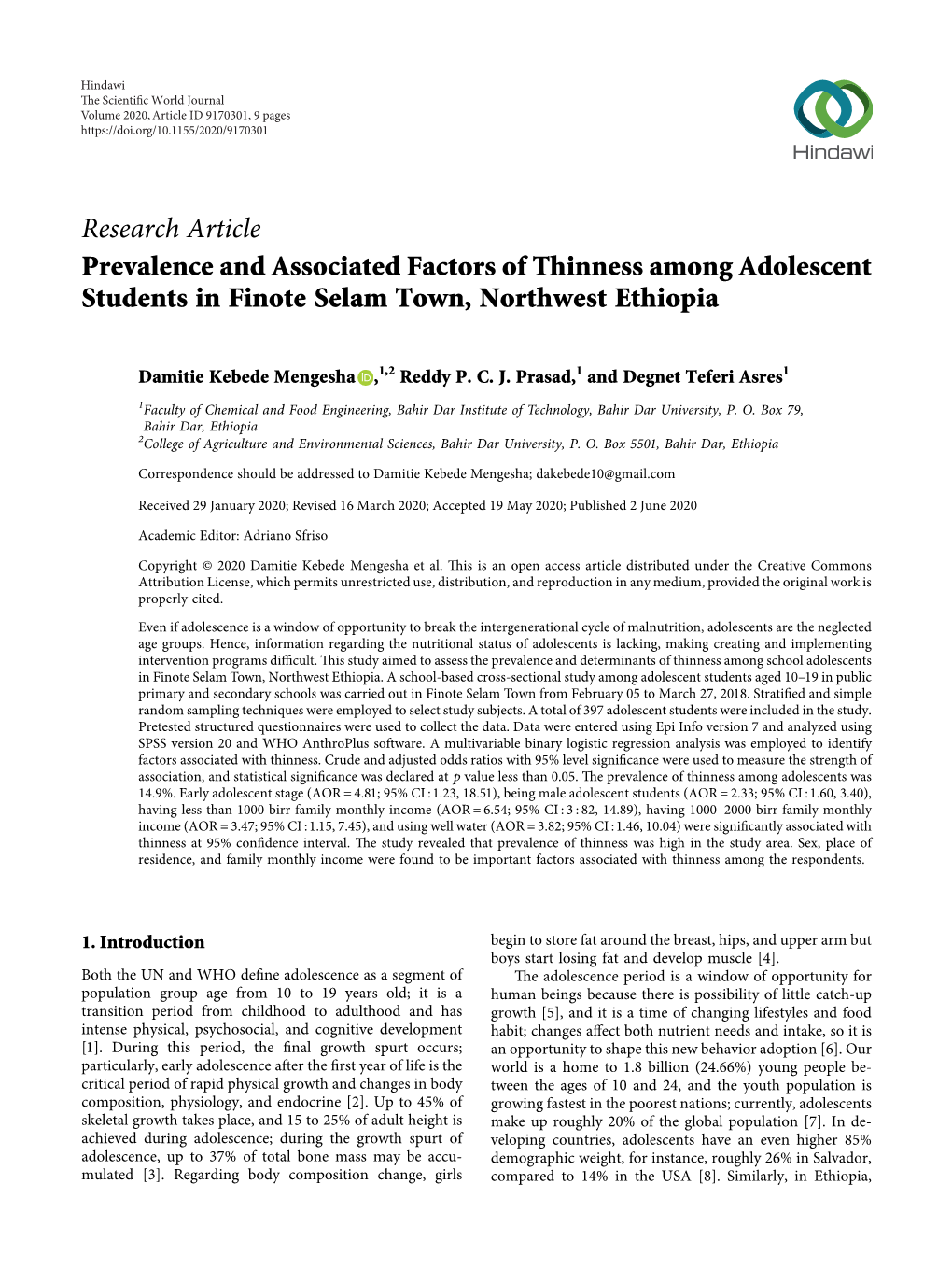 Prevalence and Associated Factors of Thinness Among Adolescent Students in Finote Selam Town, Northwest Ethiopia