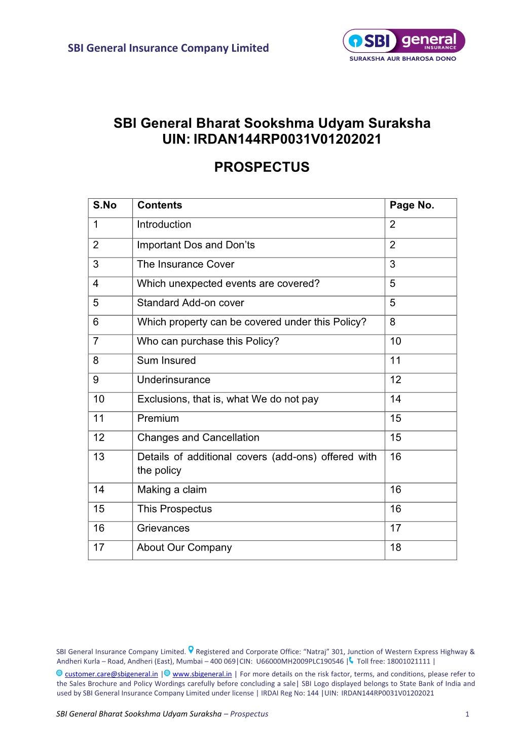 SBI General Bharat Sookshma Udyam Suraksha UIN: IRDAN144RP0031V01202021
