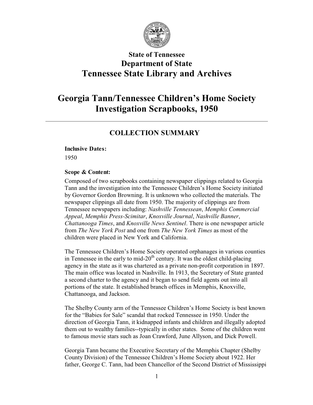 Georgia Tann/Tennessee Children's Home Society Investigation
