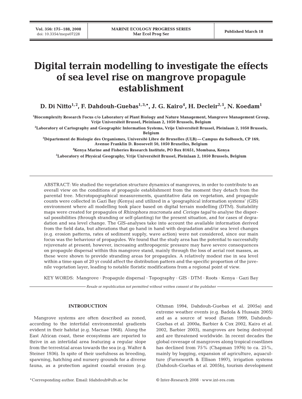 Digital Terrain Modelling to Investigate the Effects of Sea Level Rise on Mangrove Propagule Establishment