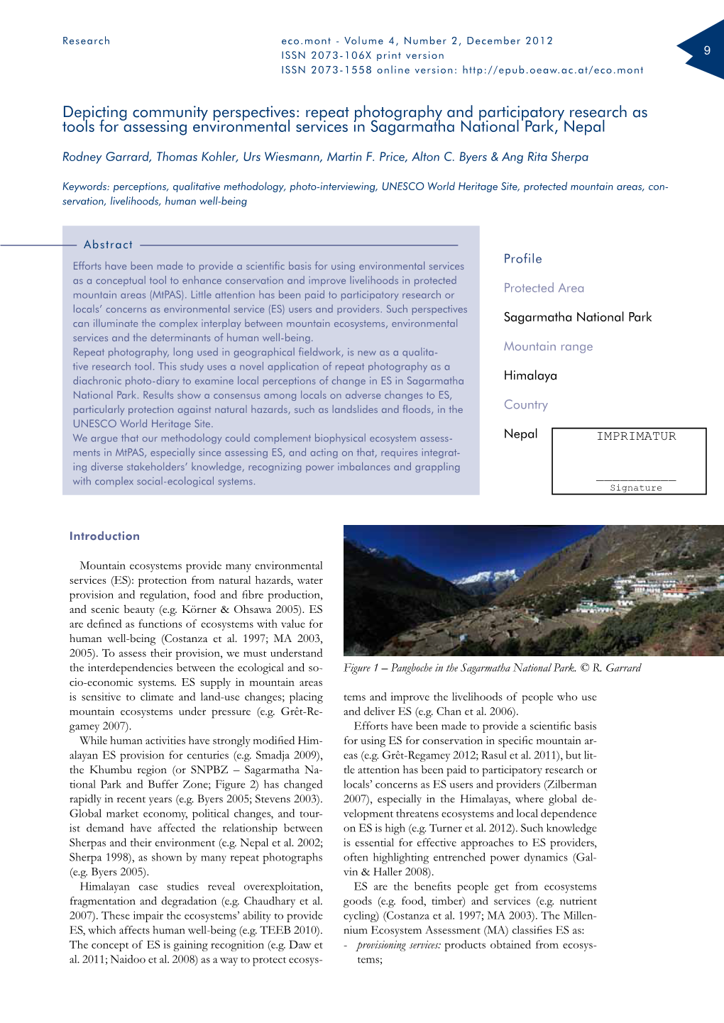 Repeat Photography and Participatory Research As Tools for Assessing Environmental Services in Sagarmatha National Park, Nepal