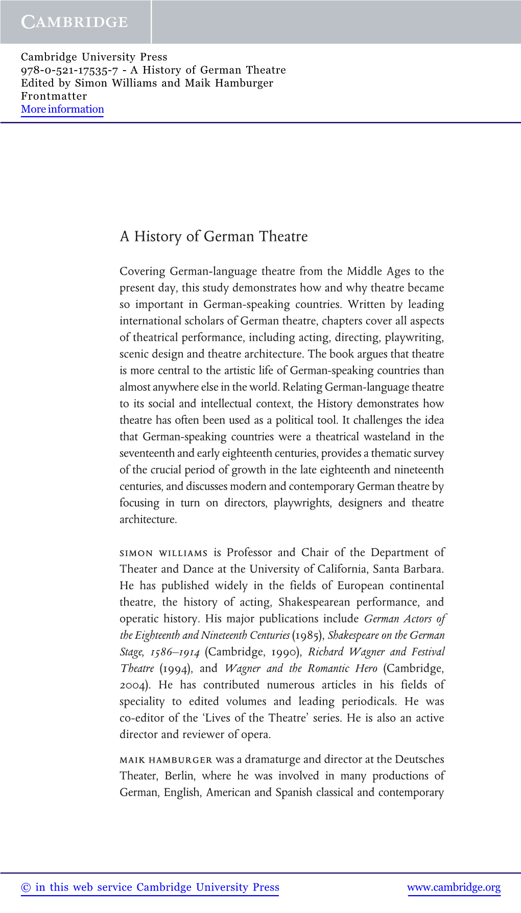 A History of German Theatre Edited by Simon Williams and Maik Hamburger Frontmatter More Information