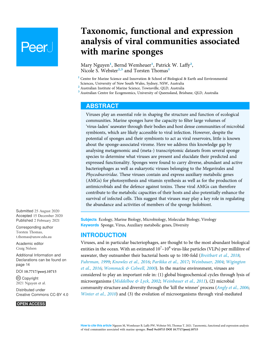 Taxonomic, Functional and Expression Analysis of Viral Communities Associated with Marine Sponges