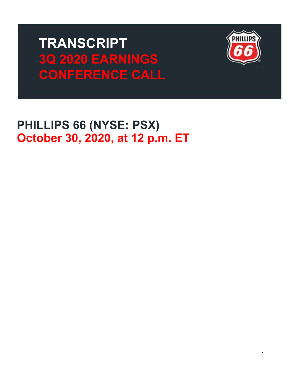 PHILLIPS 66 (NYSE: PSX) October 30, 2020, at 12 P.M