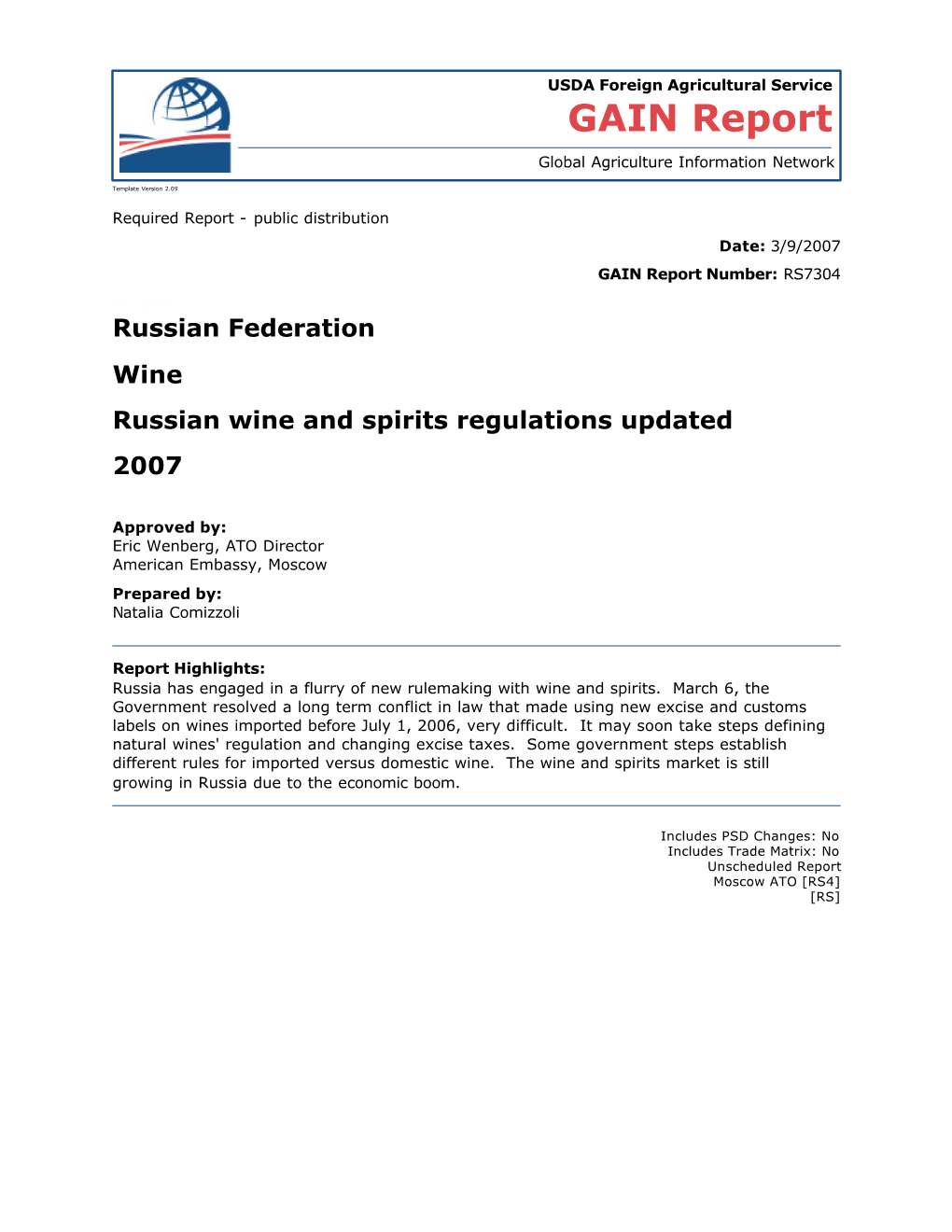 Russian Federation Wine Russian Wine and Spirits Regulations Updated 2007