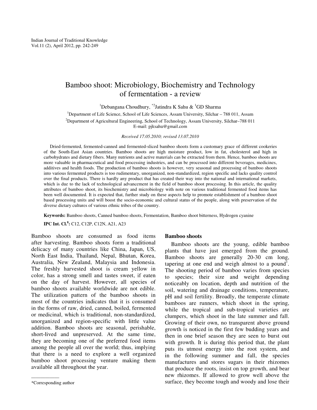 Bamboo Shoot: Microbiology, Biochemistry and Technology of Fermentation - a Review