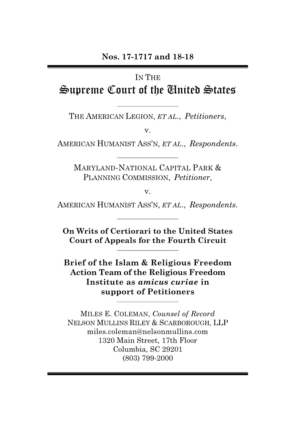 Brief of the Islam & Religious Freedom Action Team of the Religious Freedom Institute As Amicus Curiae in Support of Petitioners ______