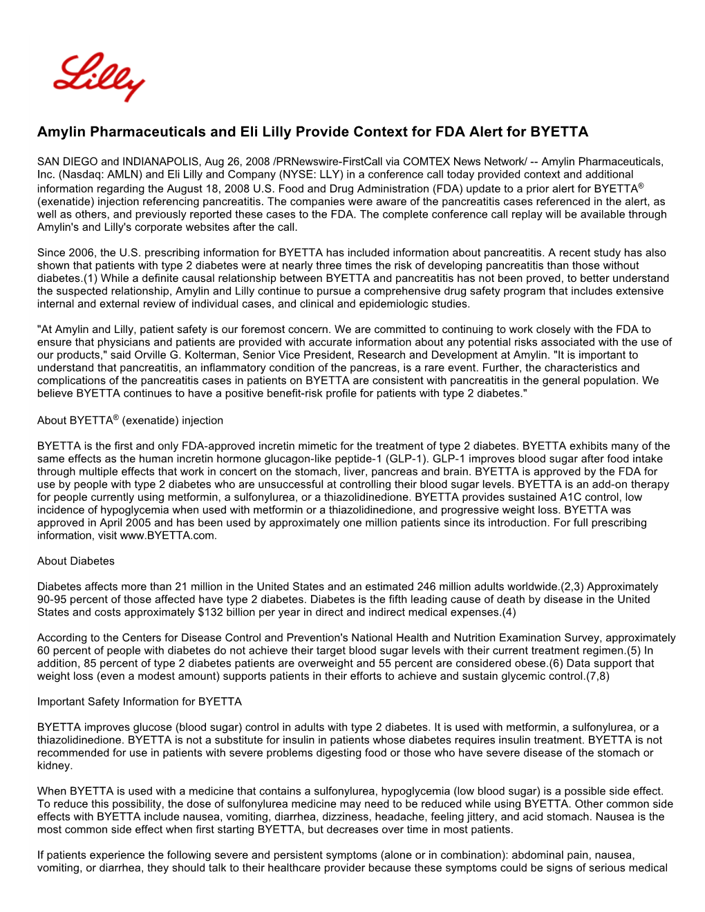 Amylin Pharmaceuticals and Eli Lilly Provide Context for FDA Alert for BYETTA