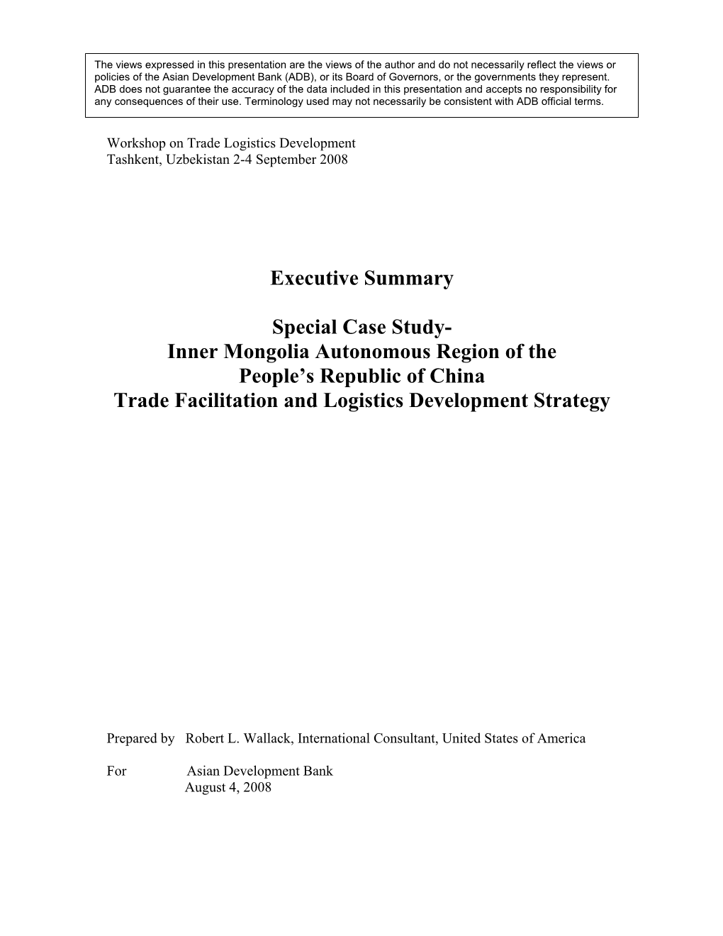 Inner Mongolia Autonomous Region of the People’S Republic of China Trade Facilitation and Logistics Development Strategy