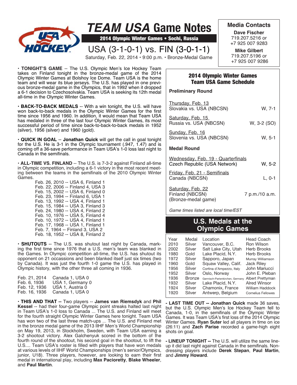 Team USA Game Notes Vs