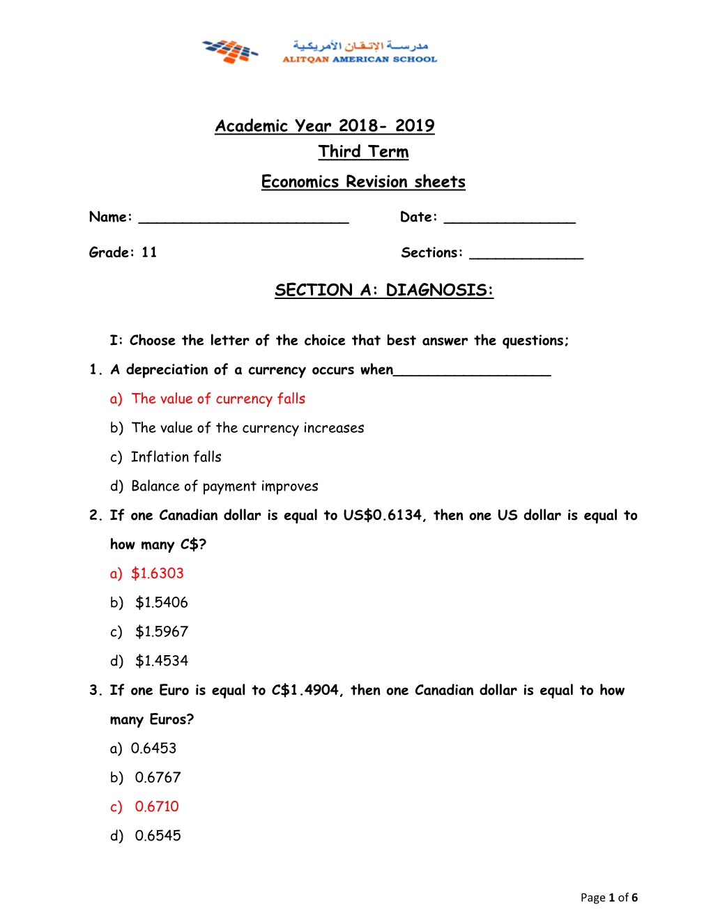 Academic Year 2018- 2019 Third Term Economics Revision Sheets