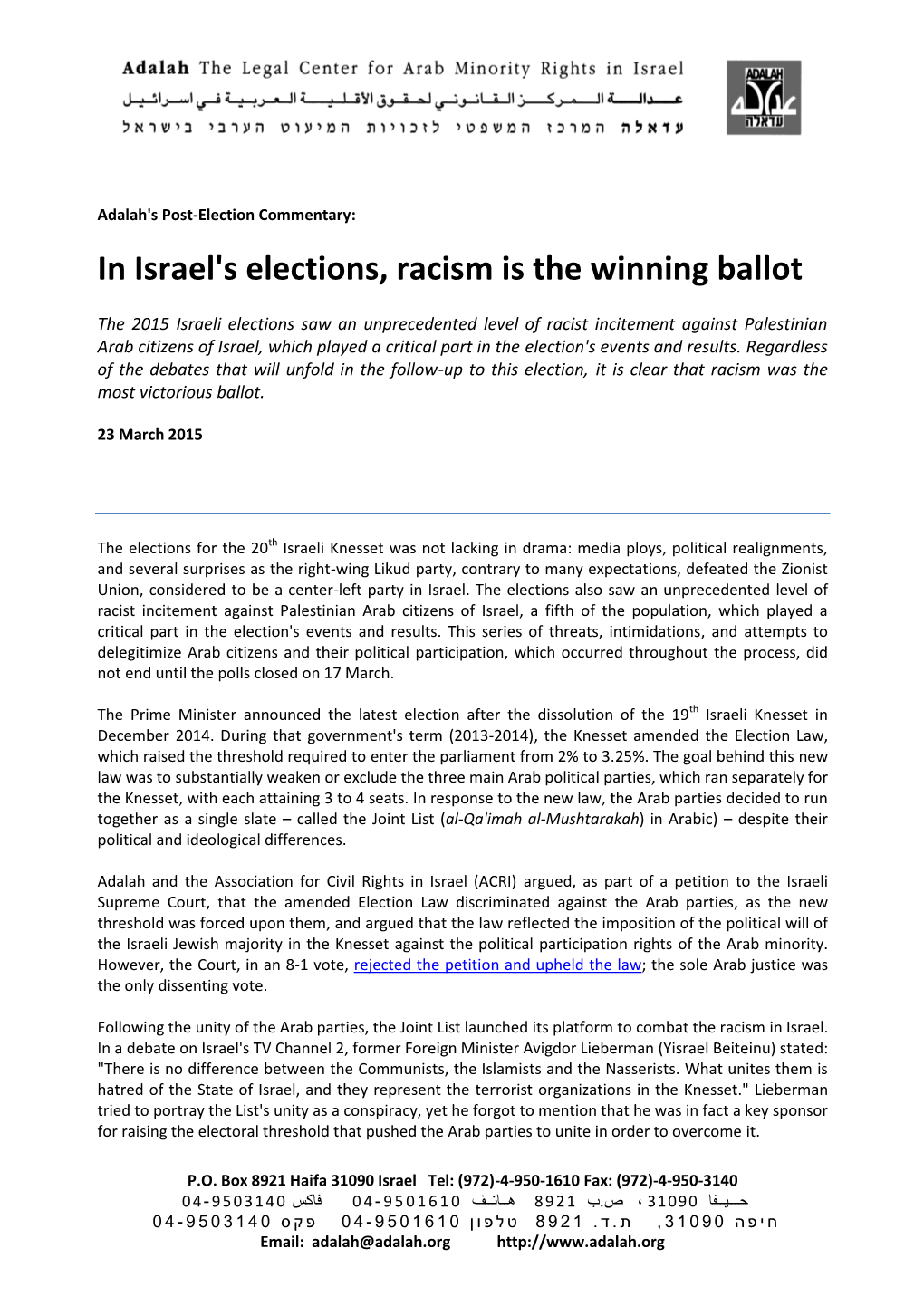 In Israel's Elections, Racism Is the Winning Ballot