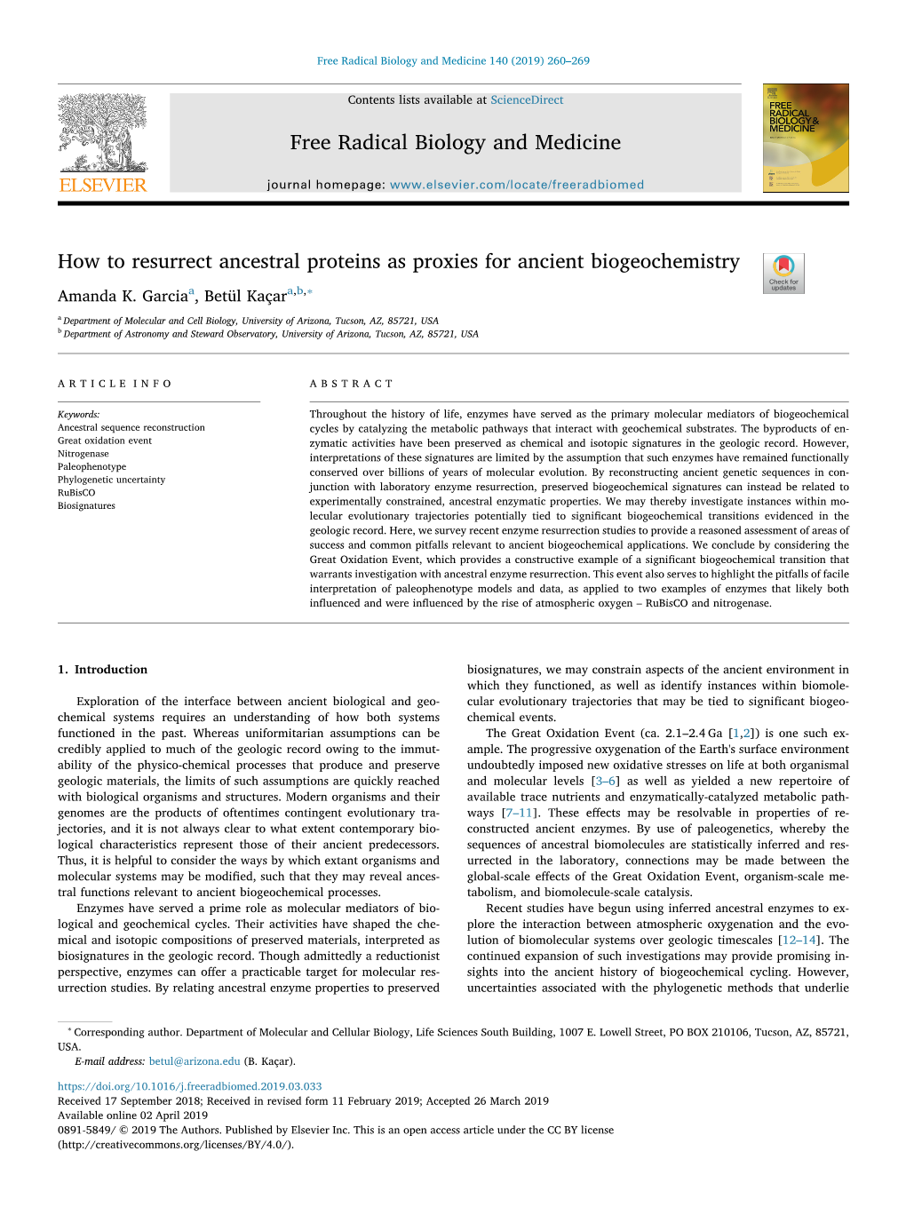 How to Resurrect Ancestral Proteins As Proxies for Ancient Biogeochemistry T ∗ Amanda K