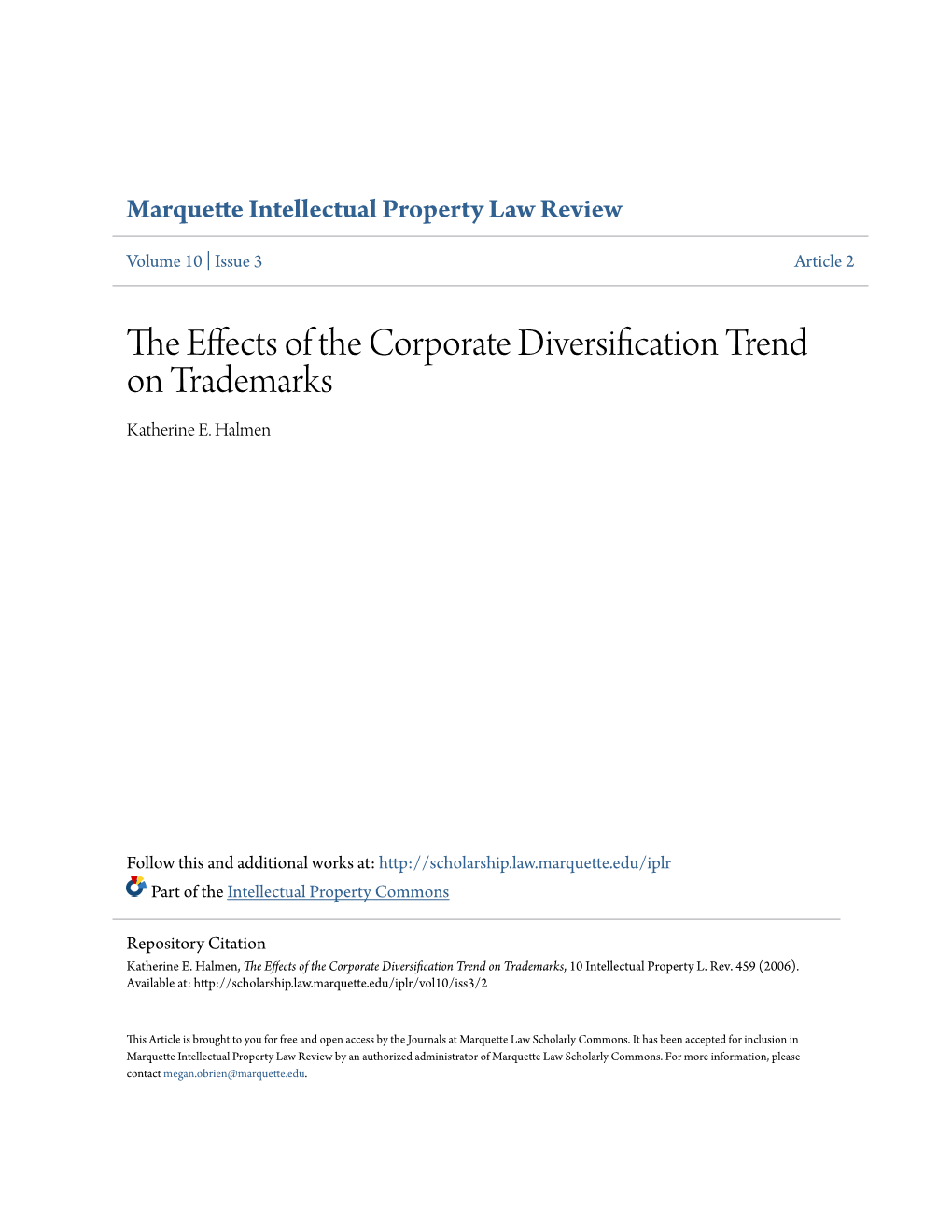 The Effects of the Corporate Diversification Trend on Trademarks, 10 Intellectual Property L