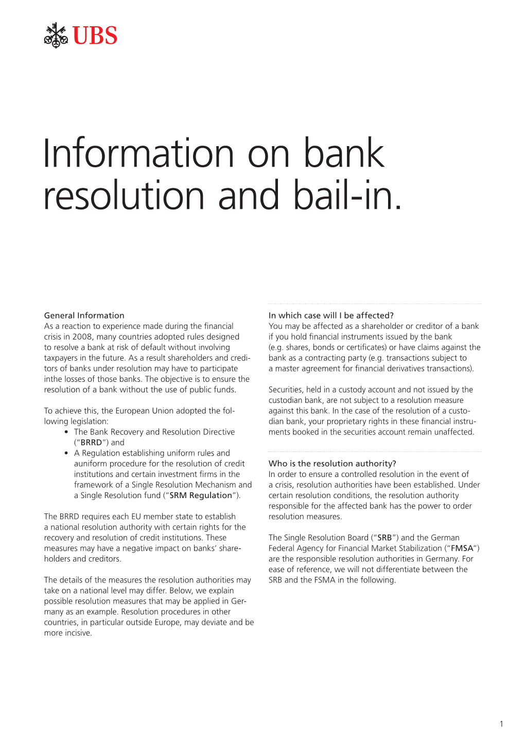 Information on Bank Resolution and Bail-In