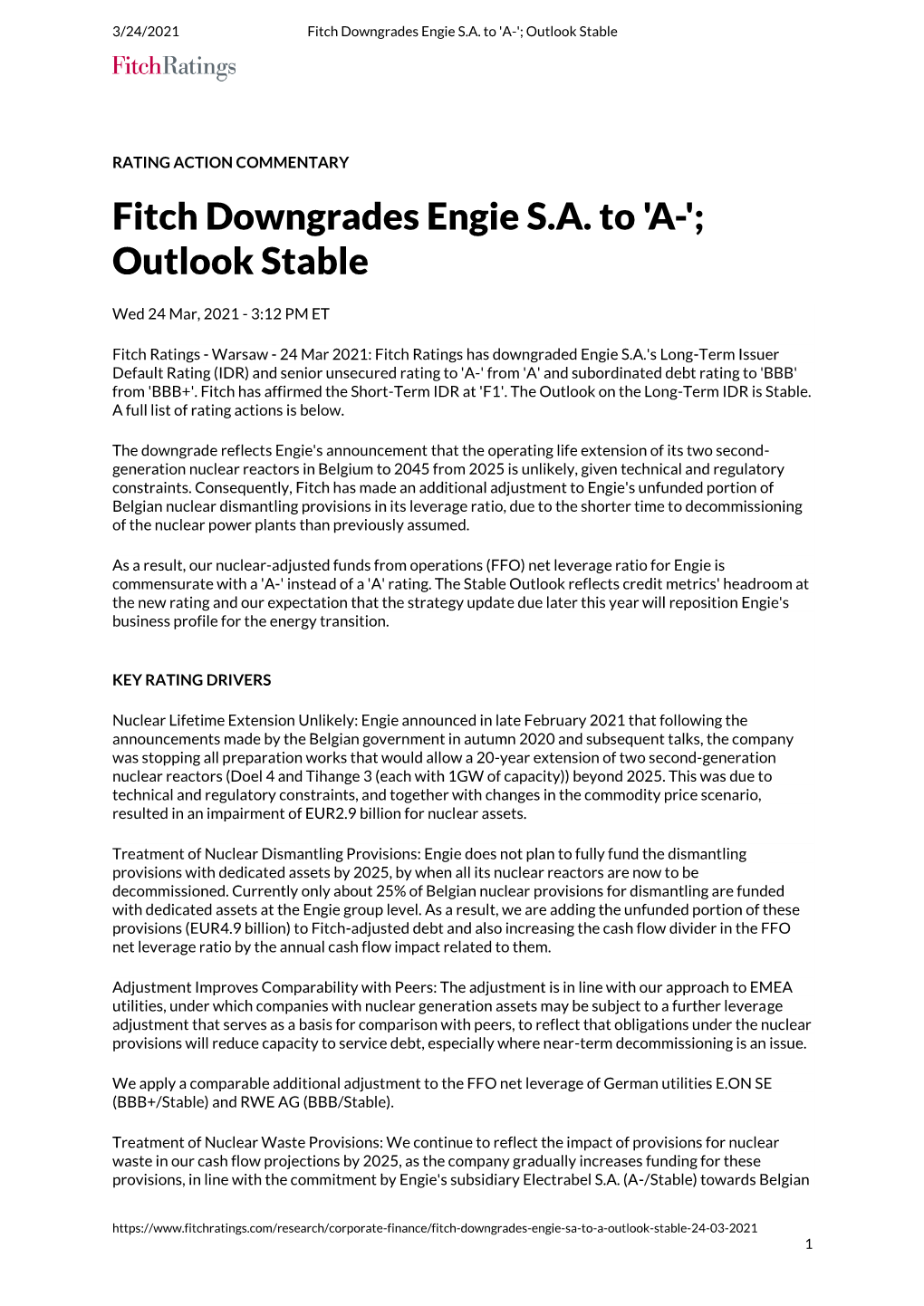 Fitch Downgrades Engie S.A. to 'A-'; Outlook Stable