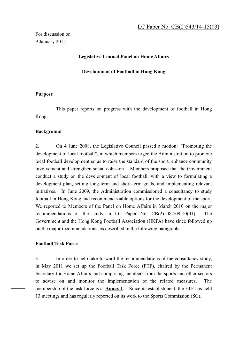 Administration's Paper on the Development of Football in Hong Kong