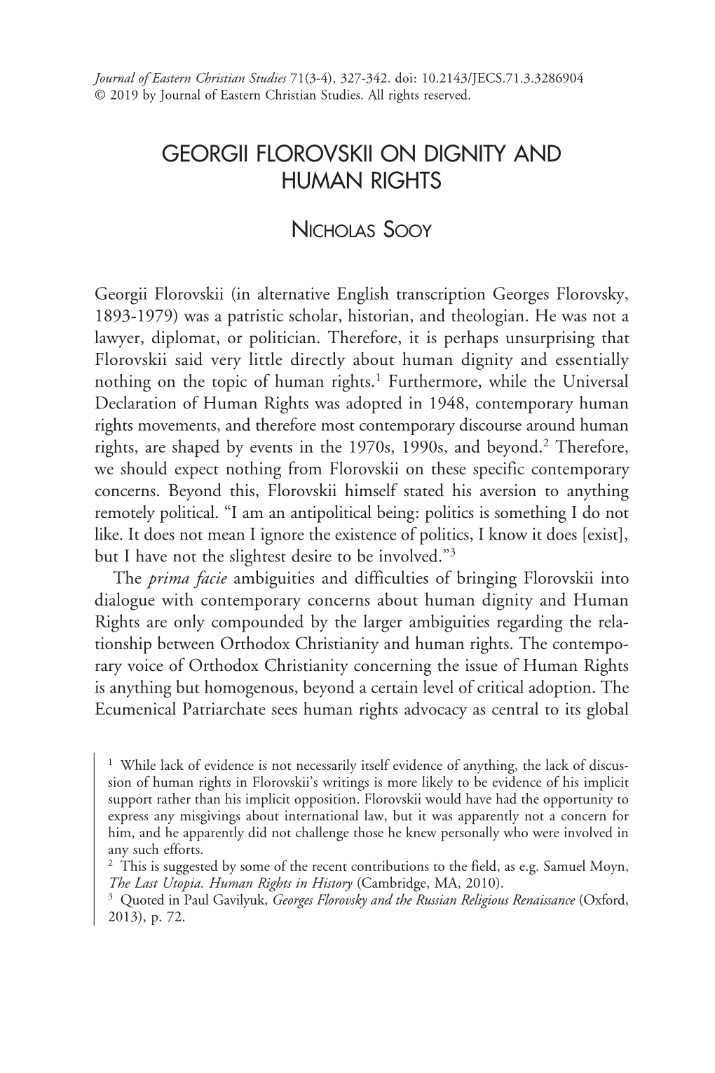 GEORGII FLOROVSKII on DIGNITY and HUMAN RIGHTS Nicholas Sooy