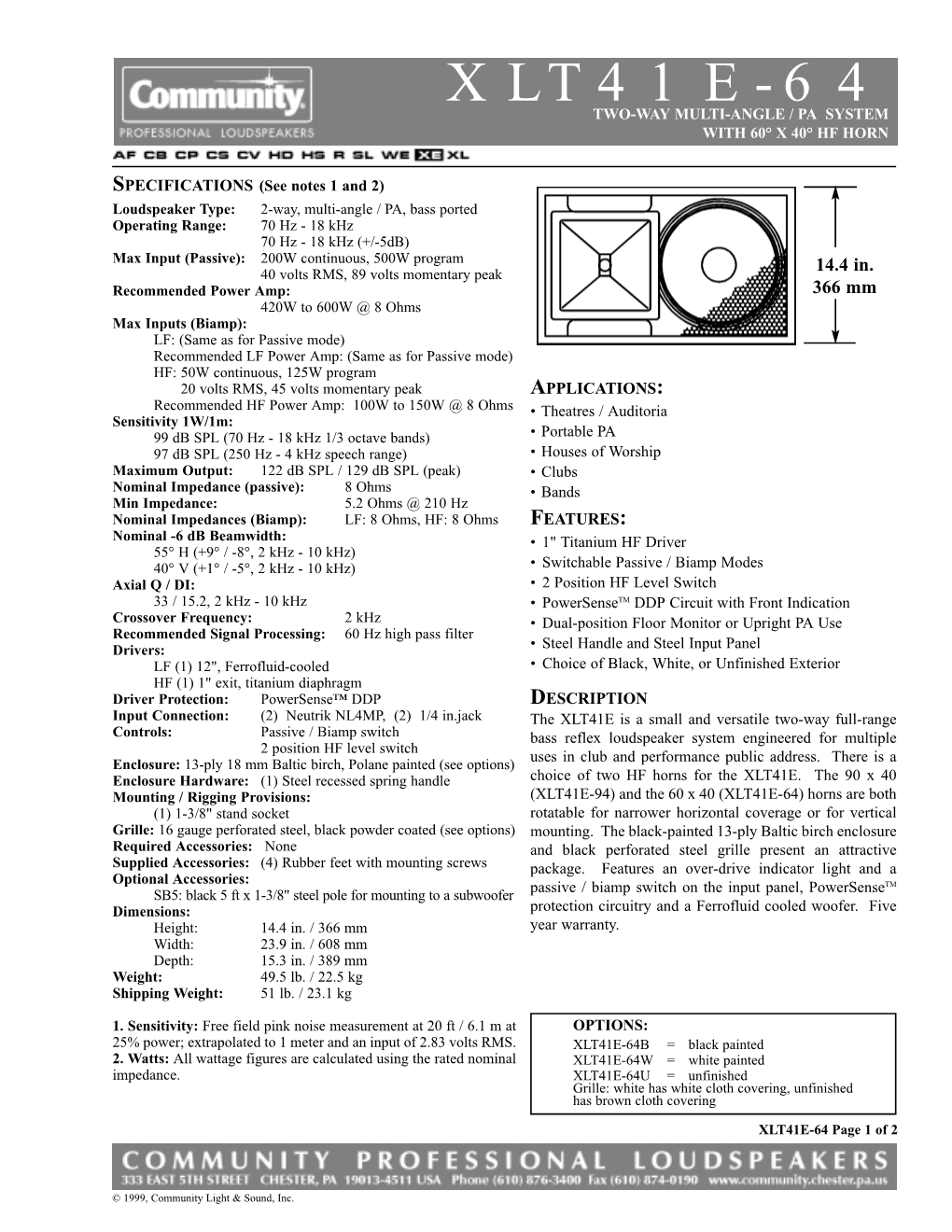 Xlt41e-64 Two-Way Multi-Angle / Pa System with 60° X 40° Hf Horn