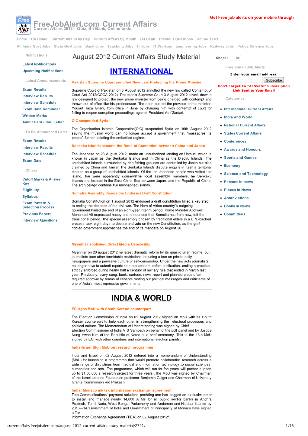 Freejobalert.Com Current Affairs INTERNATIONAL INDIA & WORLD