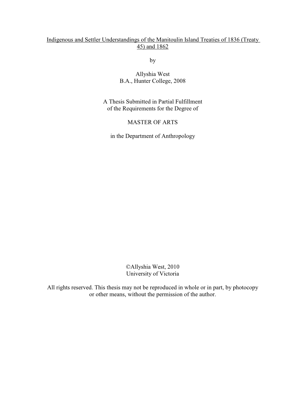 Indigenous and Settler Understandings of the Manitoulin Island Treaties of 1836 (Treaty 45) and 1862