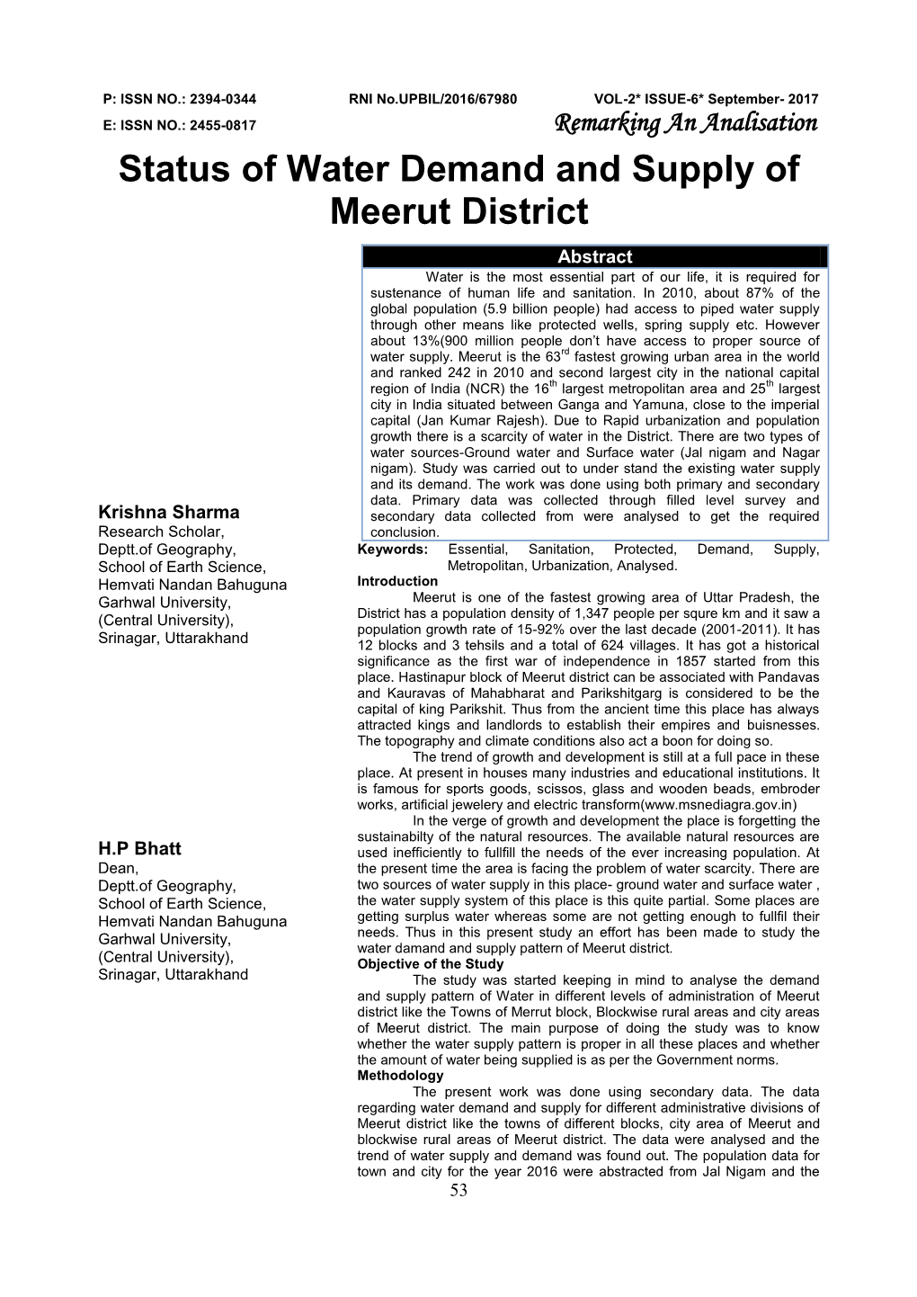 Status of Water Demand and Supply of Meerut District Abstract Water Is the Most Essential Part of Our Life, It Is Required for Sustenance of Human Life and Sanitation