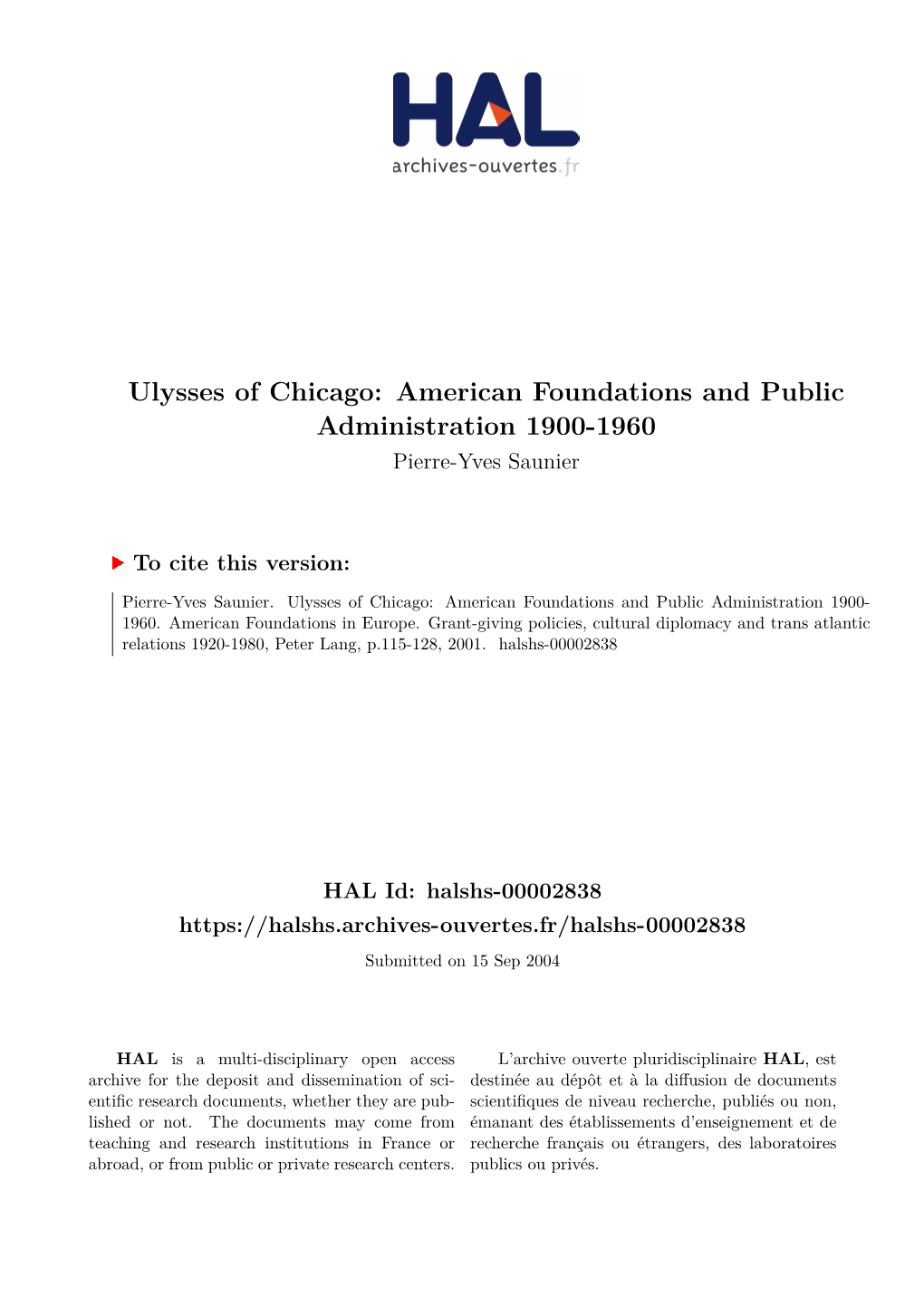 Ulysses of Chicago: American Foundations and Public Administration 1900-1960 Pierre-Yves Saunier