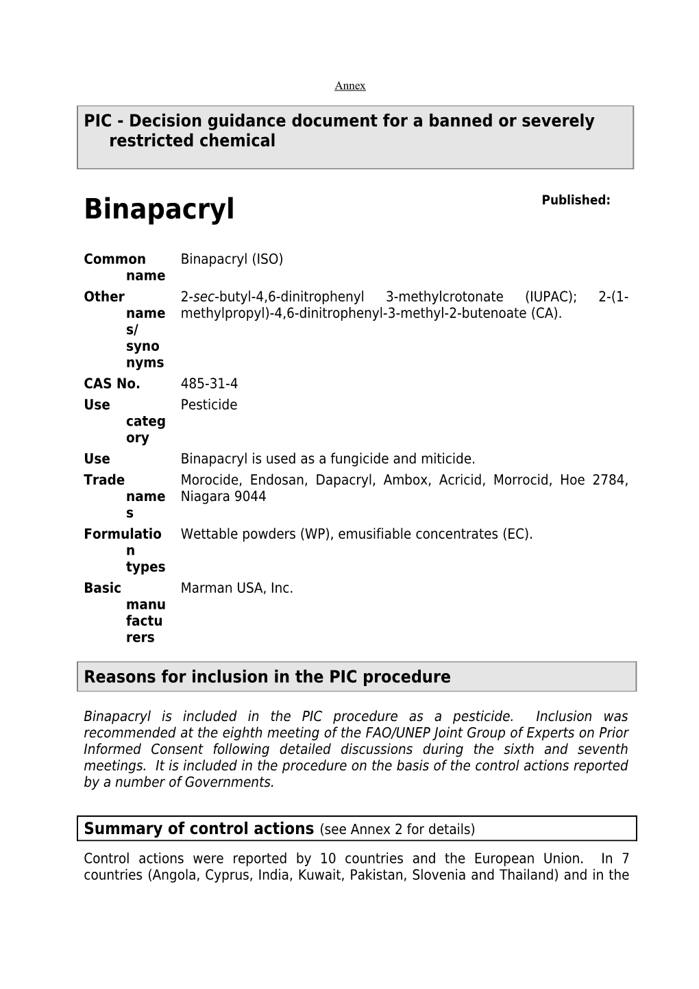 PIC - Decision Guidance Document - Binapacryl