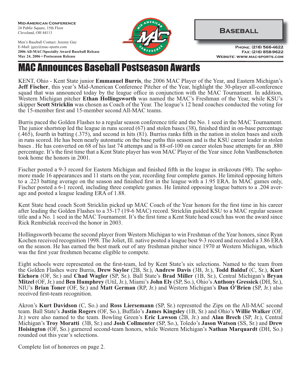 All-MAC Baseball Release.Indd