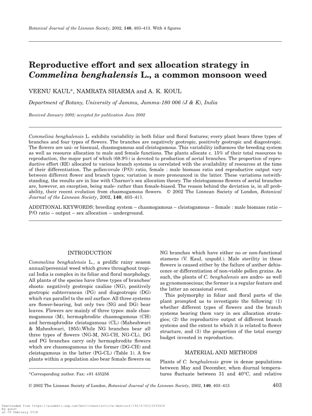 Reproductive Effort and Sex Allocation Strategy in Commelina Benghalensis L., a Common Monsoon Weed