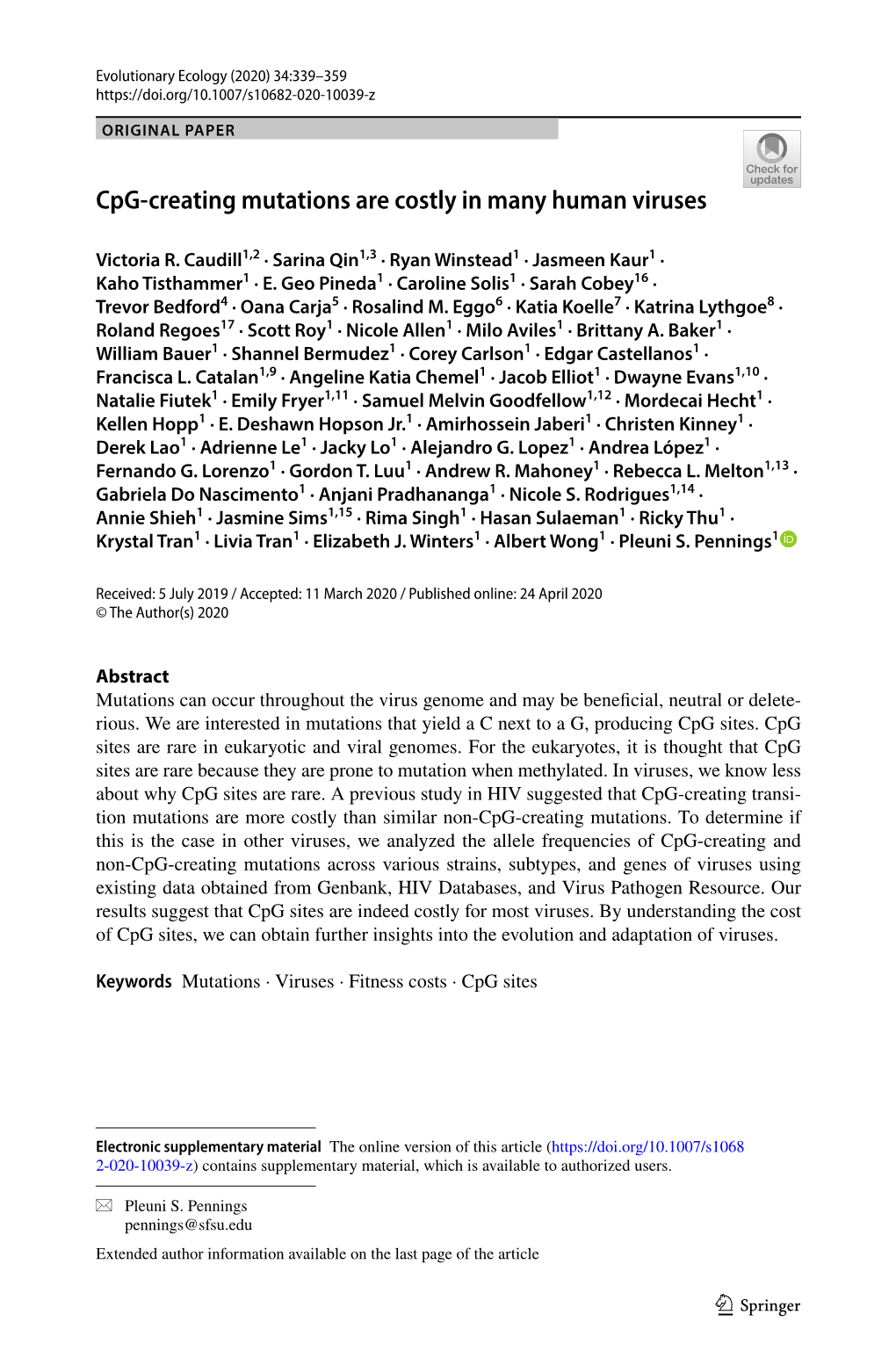 Cpg-Creating Mutations Are Costly in Many Human Viruses