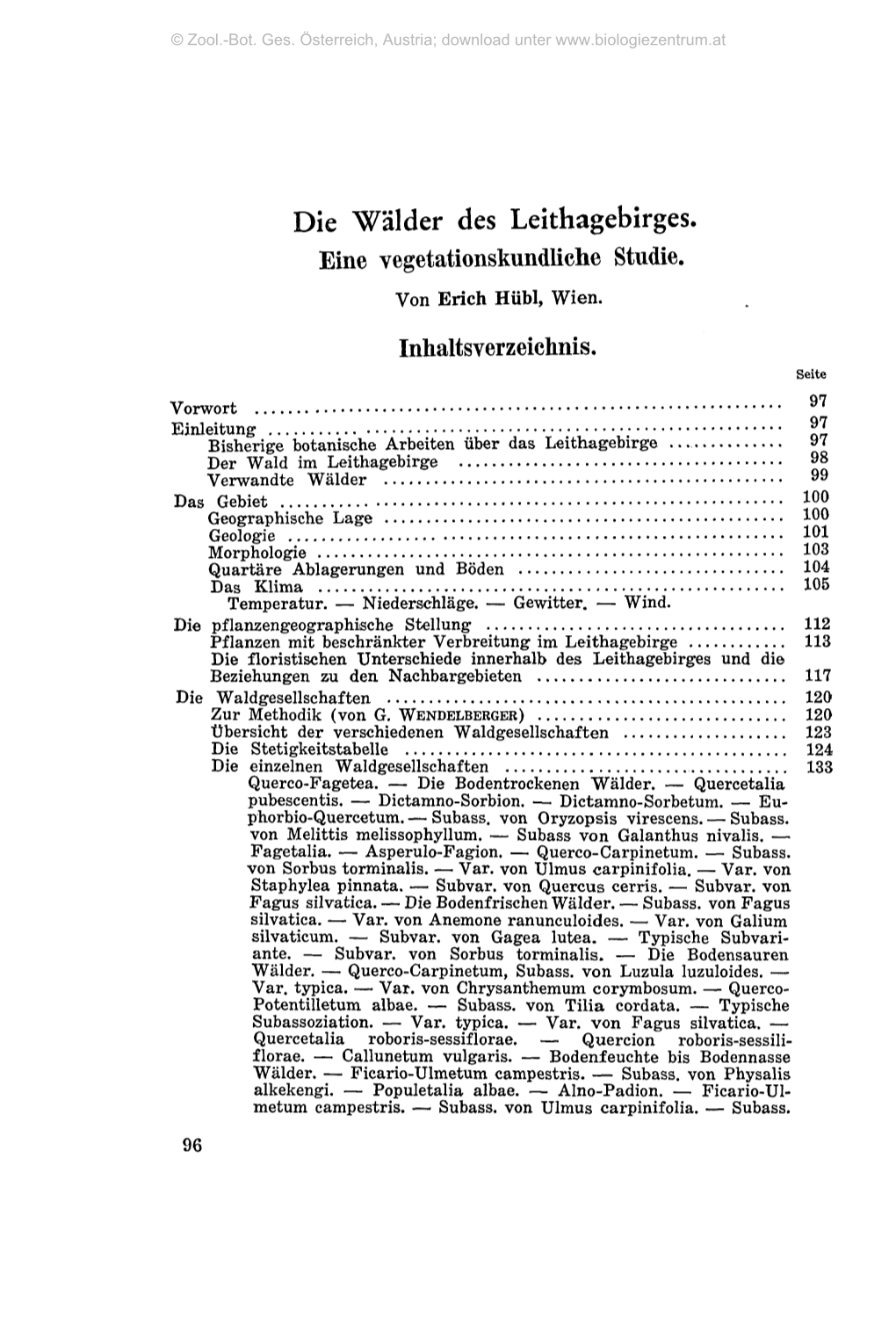 Die Wälder Des Leithagebirges. Eine Vegetationskundliche Studie. Von Erich Hübl, Wien