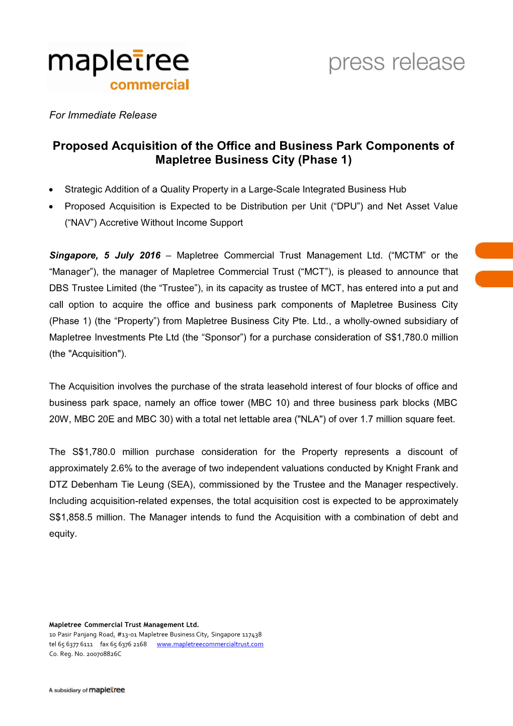 Proposed Acquisition of the Office and Business Park Components of Mapletree Business City (Phase 1)