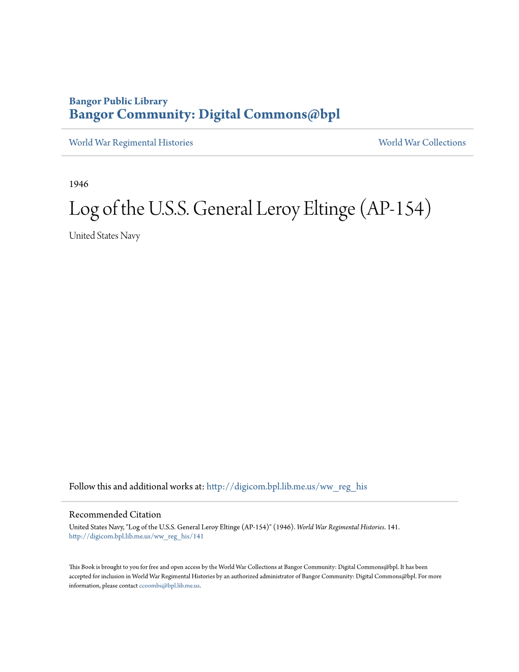 Log of the U.S.S. General Leroy Eltinge (AP-154) United States Navy