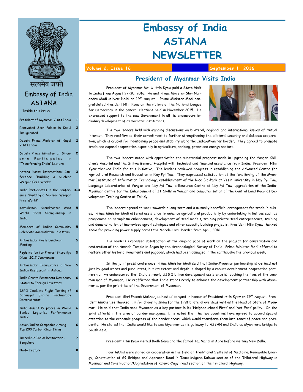 Embassy of India ASTANA NEWSLETTER