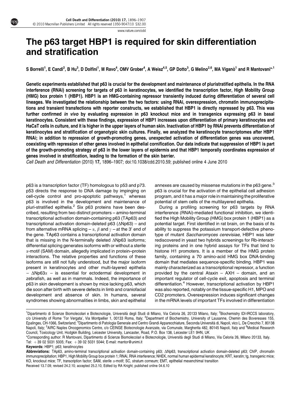 The P63 Target HBP1 Is Required for Skin Differentiation and Stratification