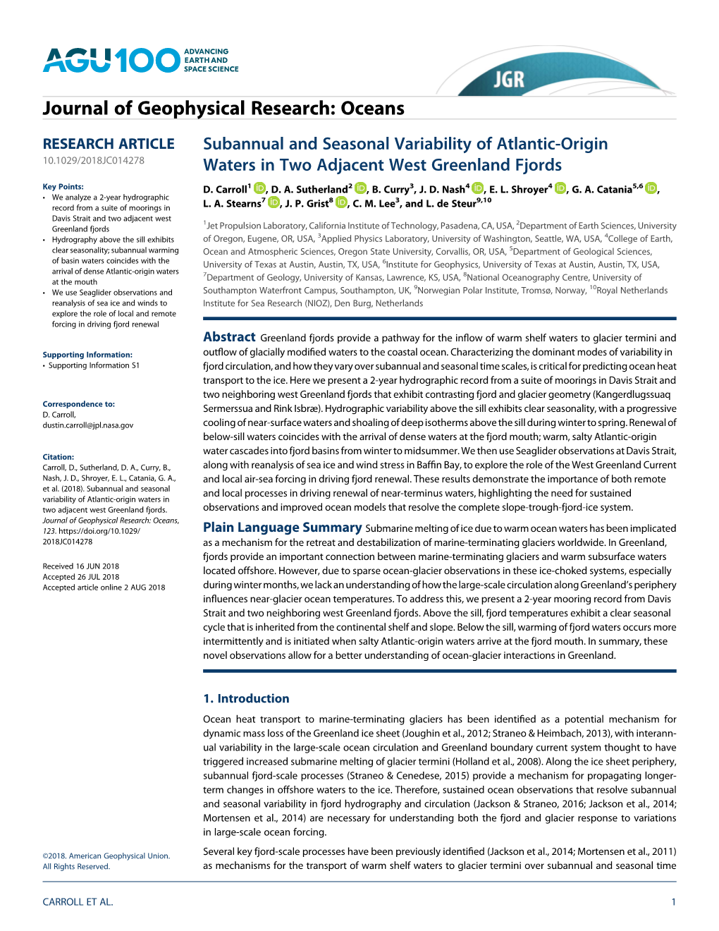 Subannual and Seasonal Variability of Atlantic-Origin Waters in Two Adjacent West Greenland Fjords