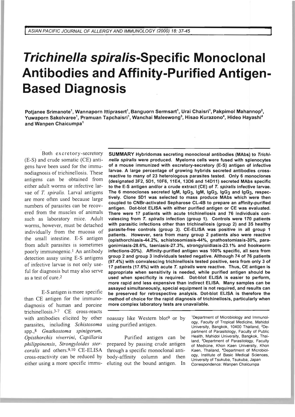 Trichine//A Spira/Is-Specific Monoclonal Antibodies and Affinity-Purified Antigen­ Based Diagnosis