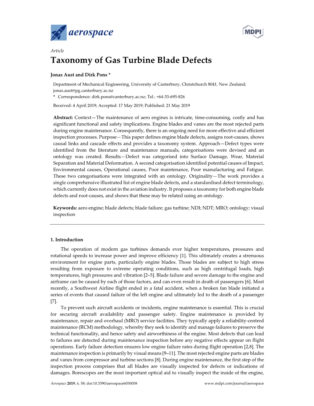 Taxonomy of Gas Turbine Blade Defects