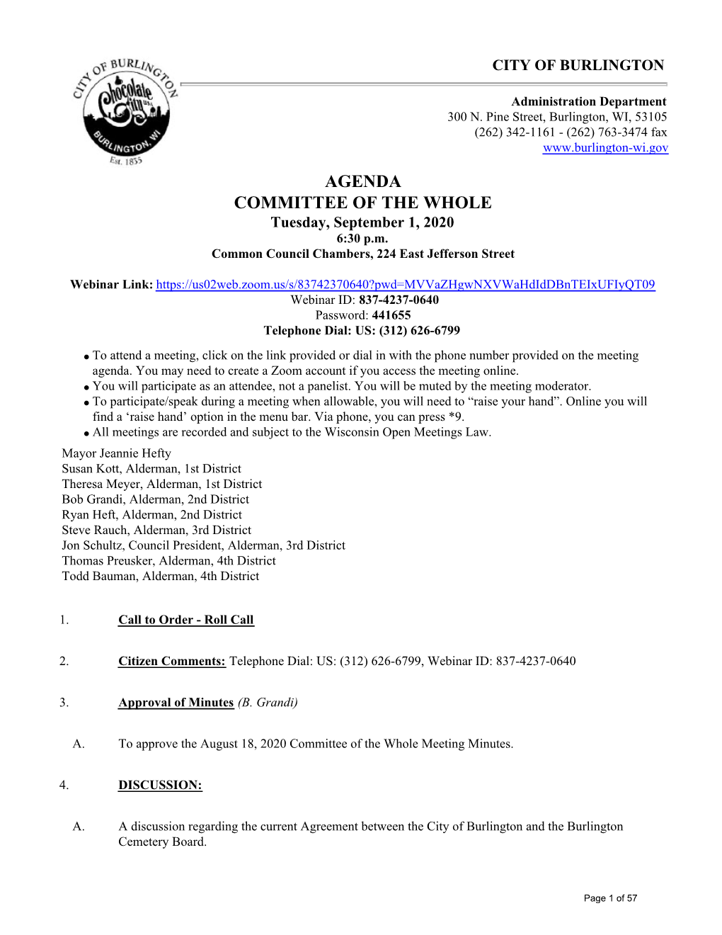 AGENDA COMMITTEE of the WHOLE Tuesday, September 1, 2020 6:30 P.M