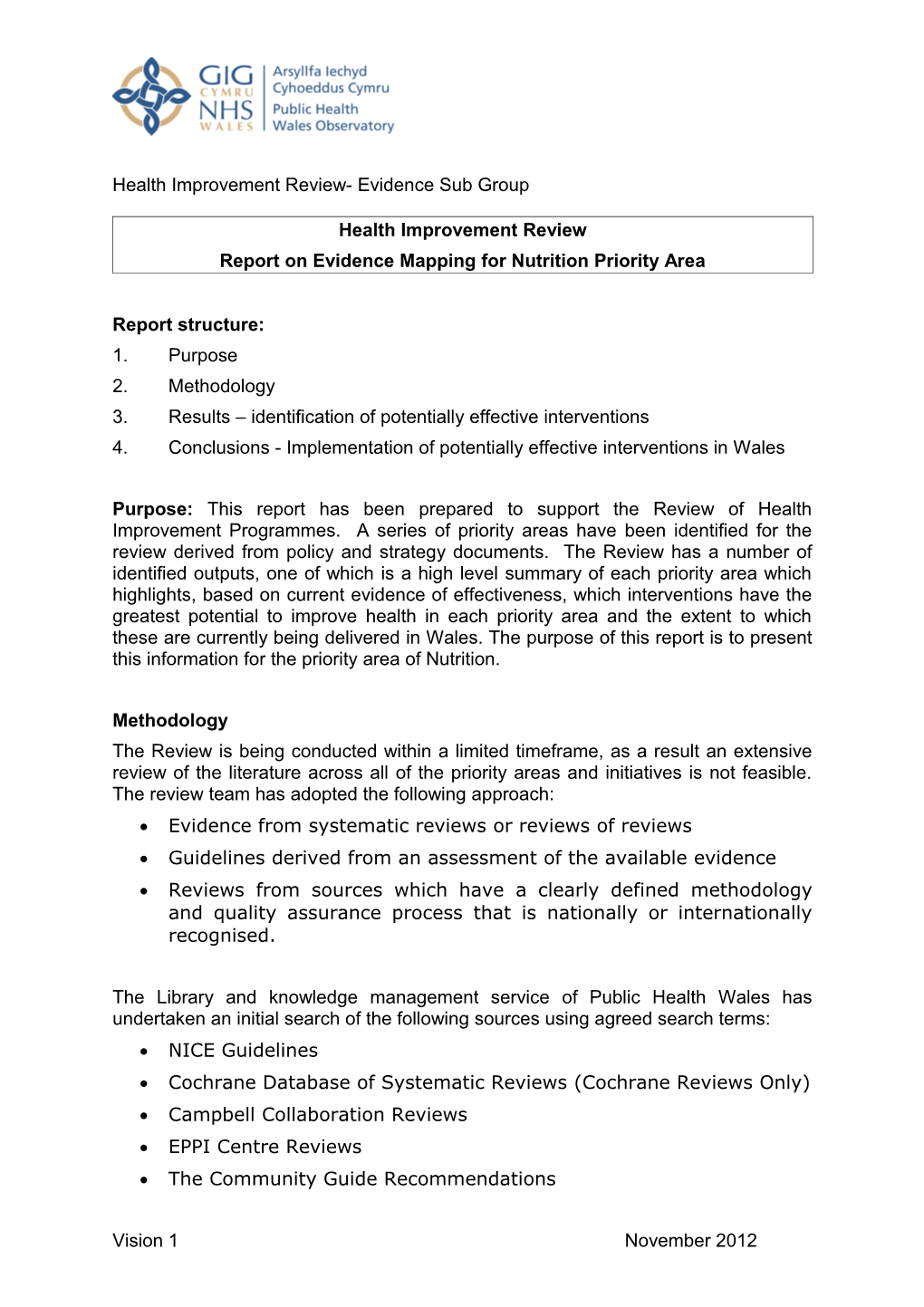 Report on Evidence Mapping for Nutrition Priority Area