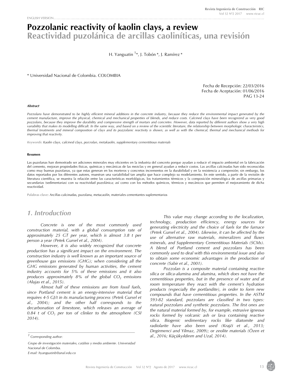 Pozzolanic Reactivity of Kaolin Clays, a Review Reactividad Puzolánica De Arcillas Caoliníticas, Una Revisión