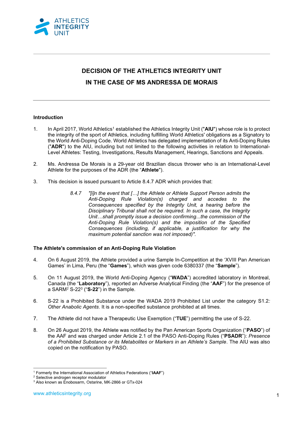 Decision of the Athletics Integrity Unit in the Case of Ms Andressa De Morais