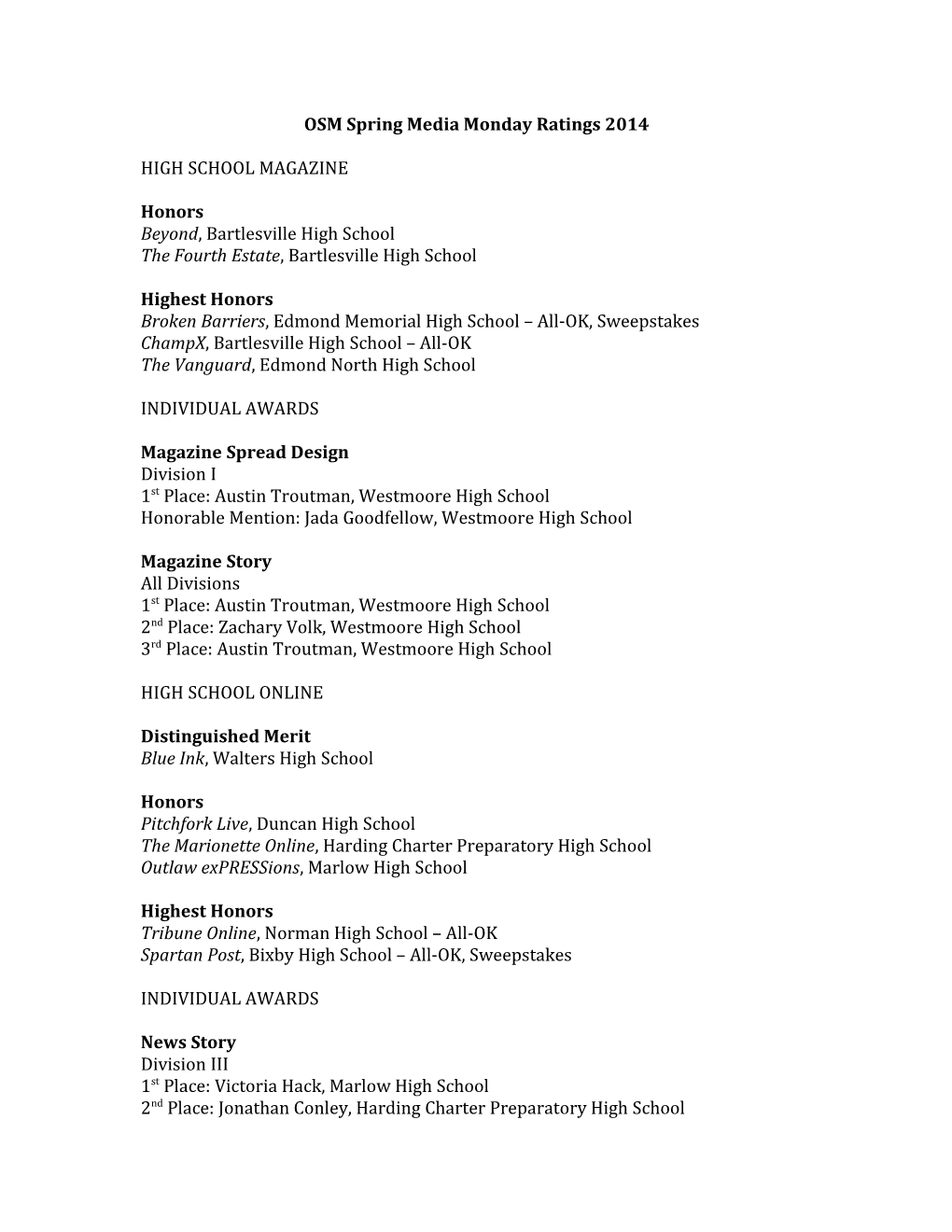 OSM Spring Media Monday Ratings 2014