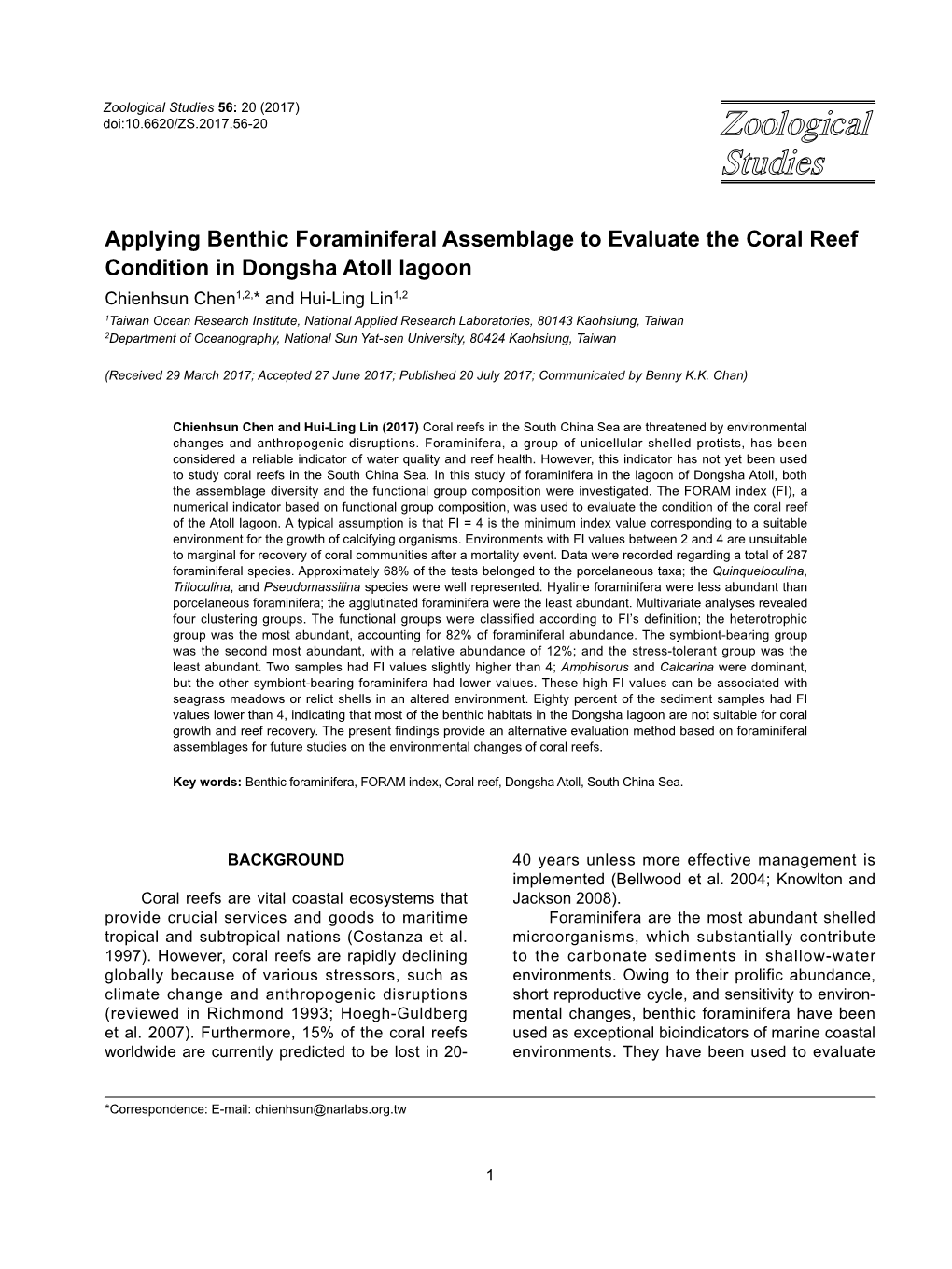 Applying Benthic Foraminiferal Assemblage to Evaluate the Coral Reef Condition in Dongsha Atoll Lagoon