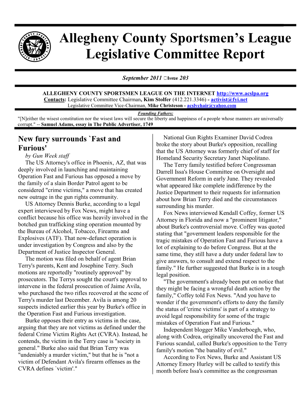 Allegheny County Sportsmen‟S League Legislative Committee Report