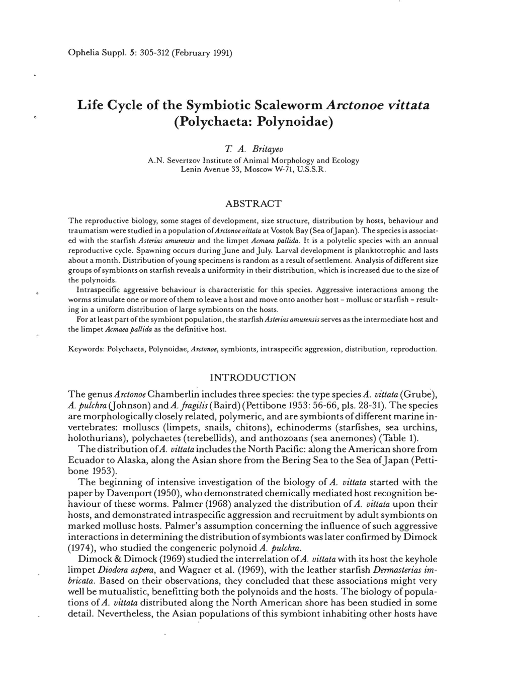 Life Cycle of the Symbiotic Scaleworm Arctonoe Vittata (Polychaeta: Polynoidae)